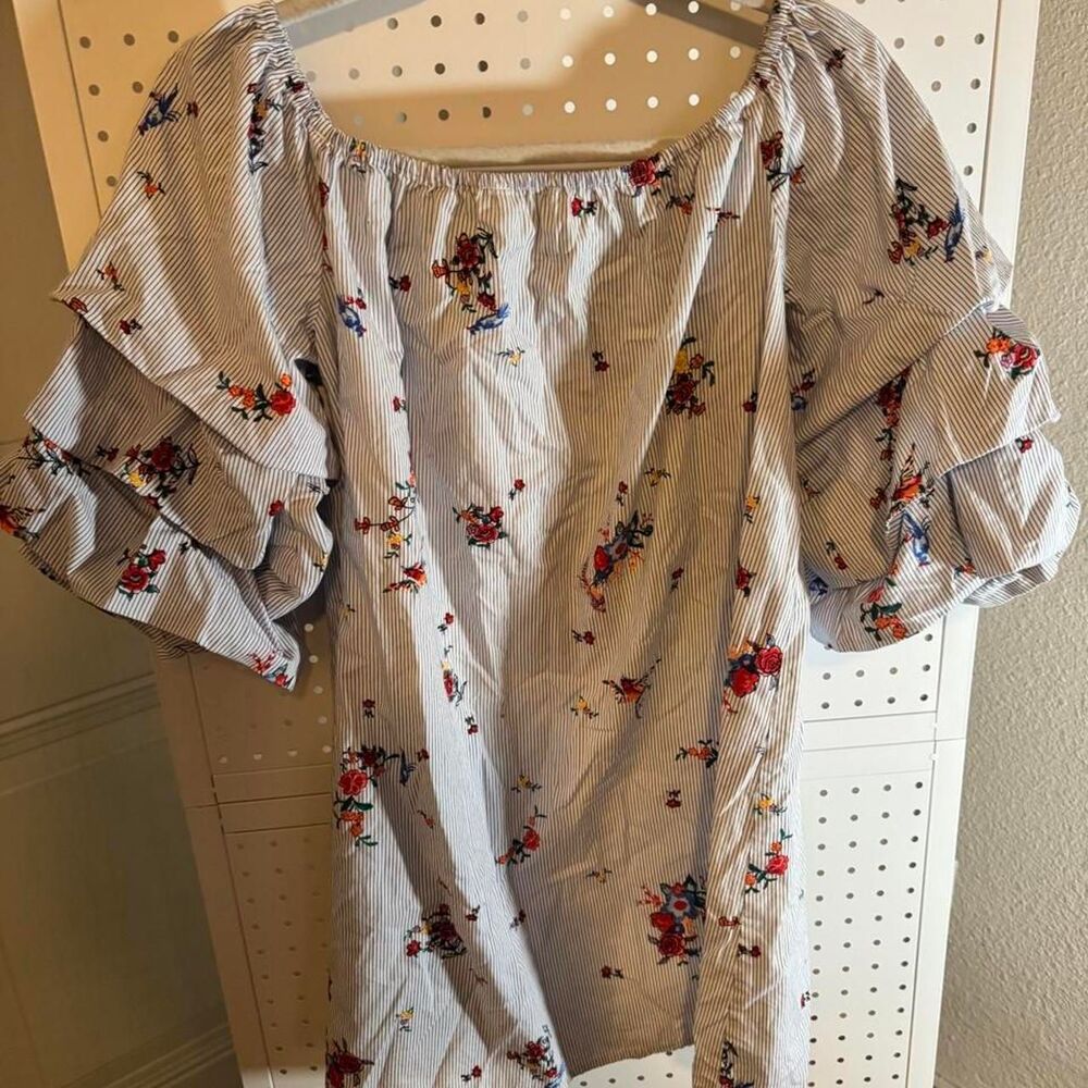 Love J Floral Pinstripe Ruffle Sleeve Mini Dress Large Boho